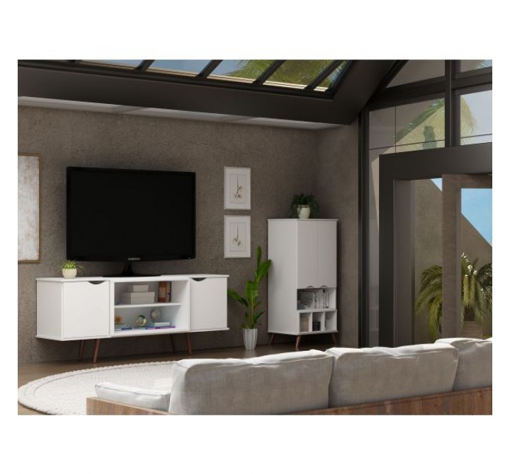 Manhattan Comfort Hampton 62.99 TV Stand with 4 Shelves and Solid Wood Legs in White