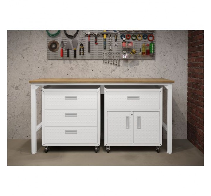 Manhattan Comfort 3-Piece Fortress Mobile Space-Saving Steel Garage Cabinet and Worktable 5.0 in White