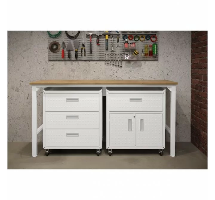 Manhattan Comfort 3-Piece Fortress Mobile Space-Saving Steel Garage Cabinet and Worktable 5.0 in White