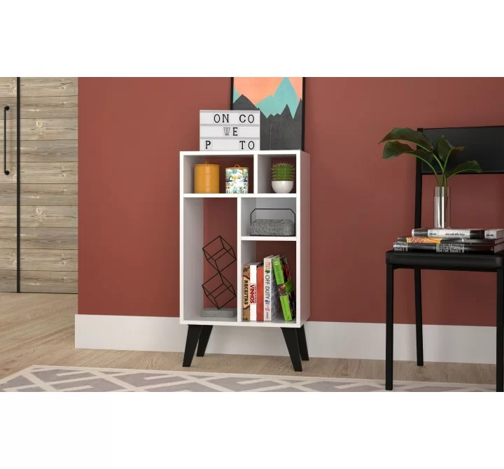 Manhattan Comfort Warren Low Bookcase 3.0 with 5 Shelves in White with Black Feet