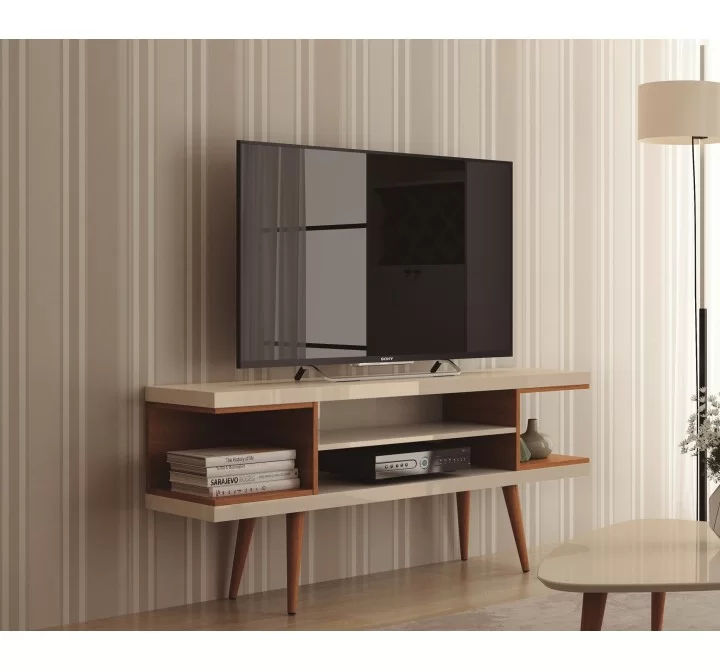 Utopia 53.14" TV Stand with Splayed Wooden Legs and 4 Shelves in Off White and Maple Cream