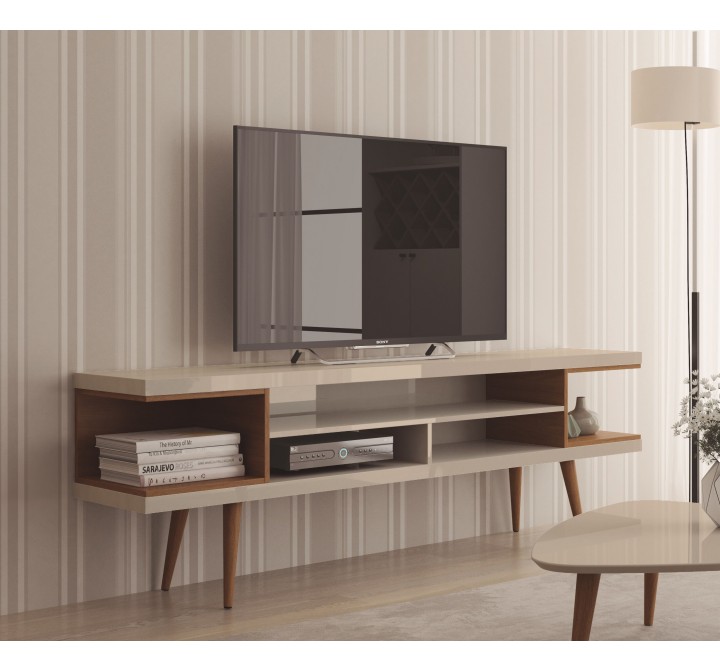 Utopia 70.47" TV Stand with Splayed Wooden Legs and 4 Shelves in Off White and Maple Cream