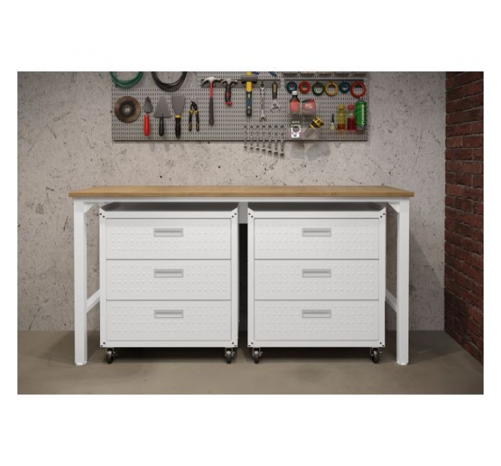 Manhattan Comfort 3-Piece Fortress Mobile Space-Saving Steel Garage Cabinet and Worktable 6.0 in White