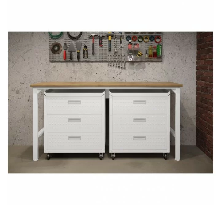 Manhattan Comfort 3-Piece Fortress Mobile Space-Saving Steel Garage Cabinet and Worktable 6.0 in White