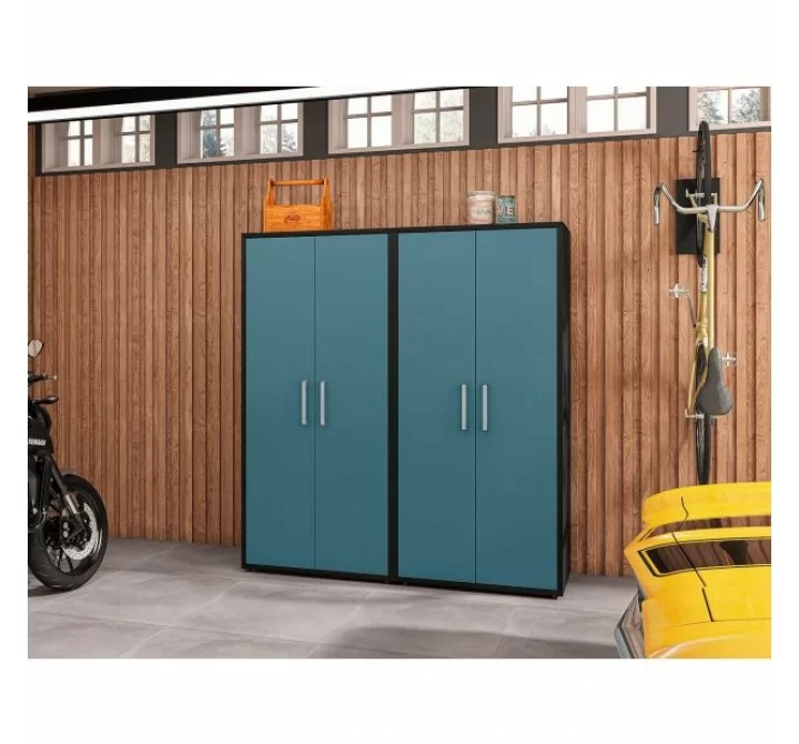 Manhattan Comfort Eiffel Storage Cabinet in Matte Black and Aqua Blue (Set of 2)