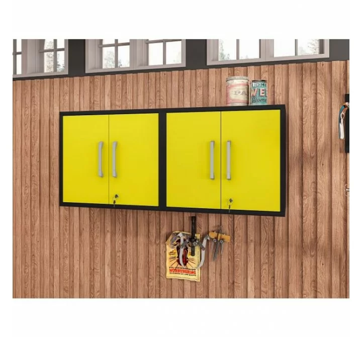 Manhattan Comfort Eiffel Floating Garage Cabinet in Matte Black and Yellow (Set of 2)