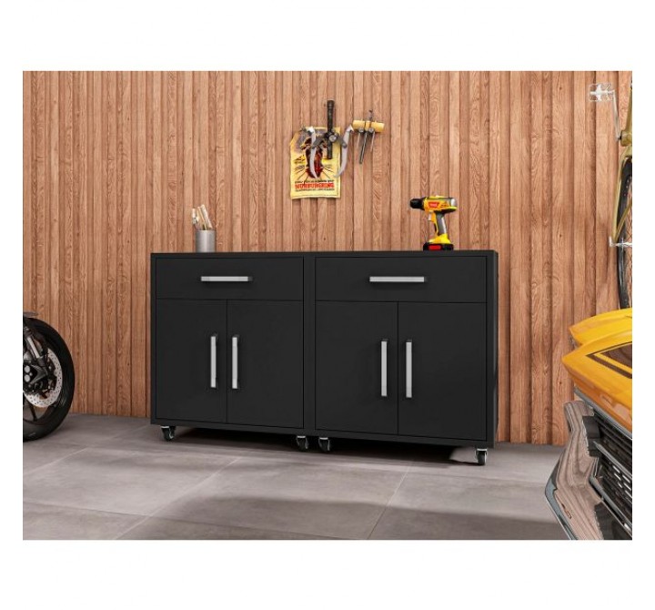 Manhattan Comfort Eiffel Mobile Garage Cabinet in Matte Black (Set of 2)