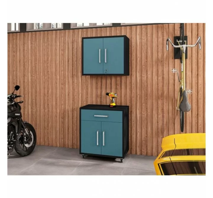 Manhattan Comfort Eiffel 2-Piece Storage Garage Set in Matte Black and Aqua Blue