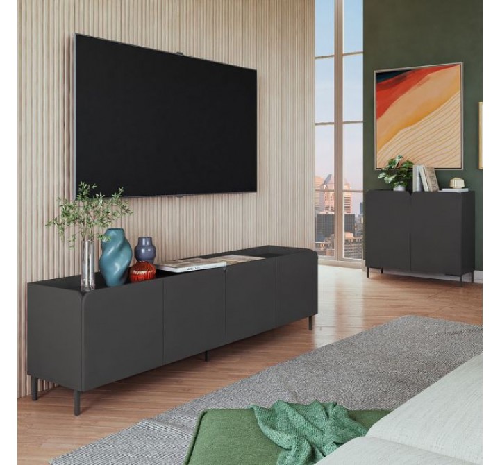 Manhattan Comfort Mid-Century Modern Bogardus 2-Piece TV Stand Living Room Set with Accent Cabinet In Black