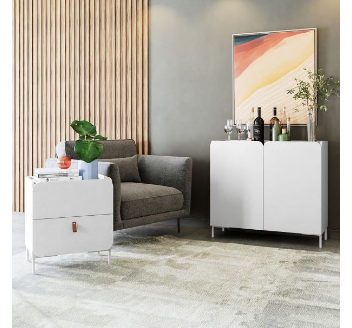 Manhattan Comfort Mid-Century Modern Bogardus 2-Piece Living Room Set with Accent Cabinet White