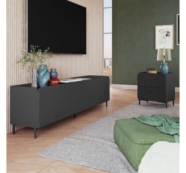 Manhattan Comfort Mid-Century Modern Bogardus 2-Piece TV Stand Living Room Set with Accent Cabinet Black