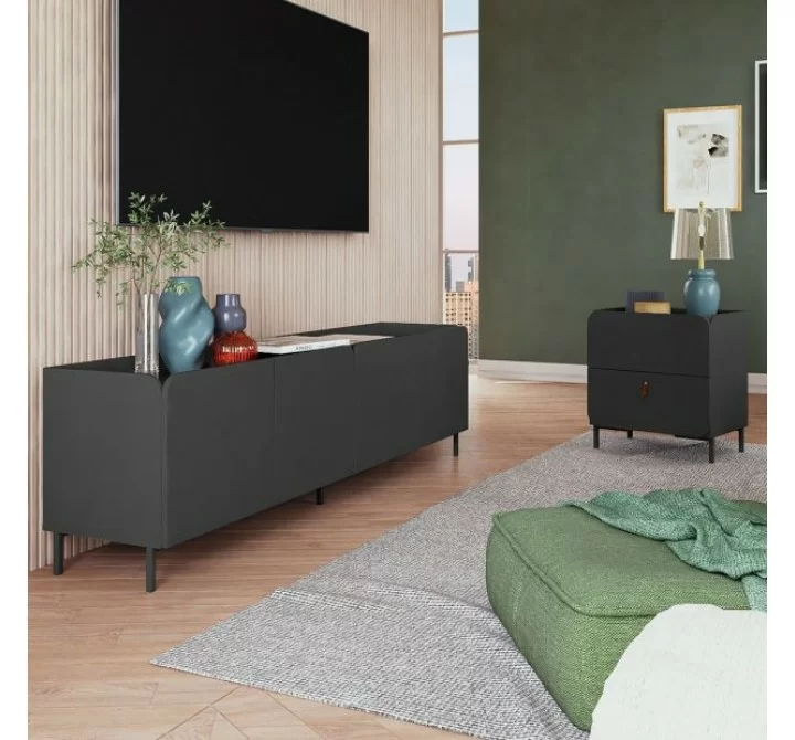 Manhattan Comfort Mid-Century Modern Bogardus 2-Piece TV Stand Living Room Set with Accent Cabinet Black