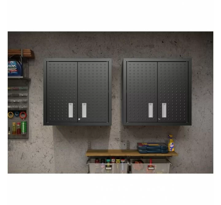Manhattan Comfort Fortress 30" Floating Textured Metal Garage Cabinet with Adjustable Shelves in Charcoal Grey - Set of 2