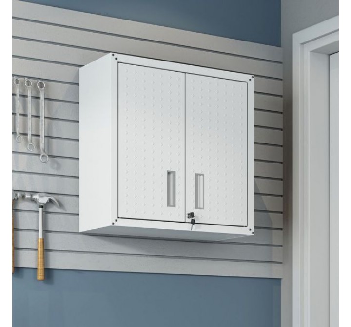 Manhattan Comfort Fortress 30" Floating Textured Metal Garage Cabinet with Adjustable Shelves in White Front