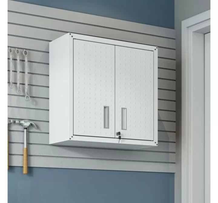 Manhattan Comfort Fortress 30" Floating Textured Metal Garage Cabinet with Adjustable Shelves in White Front