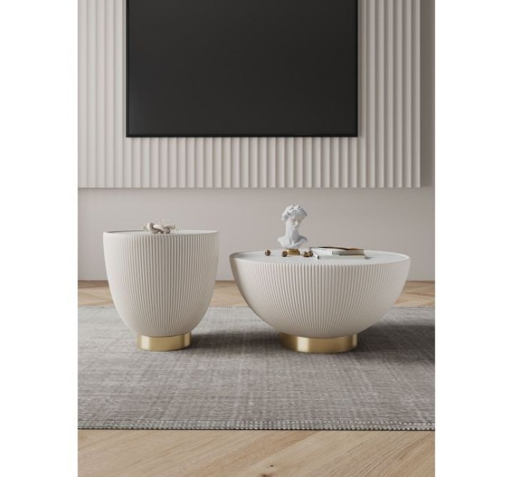 Manhattan Comfort Modern Anderson Coffee Table and End Table 2.0 Upholstered in Cream Leatherette with Ceramic Faux Tabletop - Set of 2