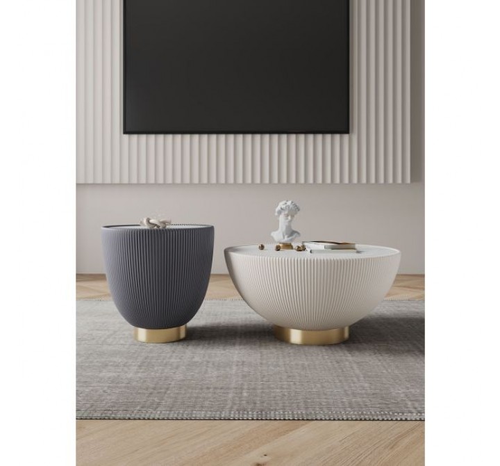 Manhattan Comfort Modern Anderson Coffee Table and End Table 2.0 Upholstered in Cream and Grey Leatherette with Ceramic Faux Tabletop - Set of 2
