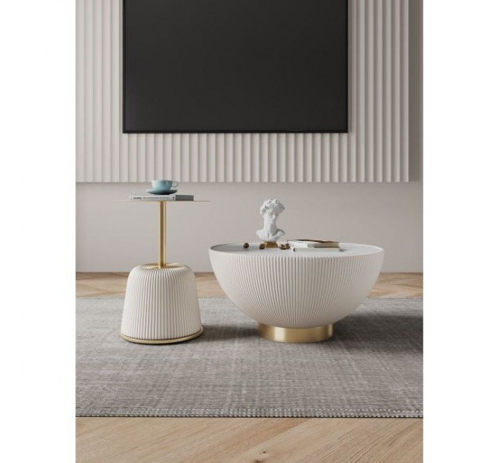Manhattan Comfort Modern Anderson Coffee Table and End Table 1.0 Upholstered in Leatherette with Ceramic Faux Tabletop and Gold Metal Tabletop- Set of 2 Cream