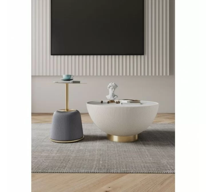 Manhattan Comfort Modern Anderson Coffee Table and End Table 1.0 Upholstered in Cream and Grey Leatherette with Ceramic Faux Tabletop and Gold Metal Tabletop- Set of 2 