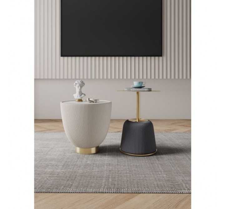 Manhattan Comfort Modern Anderson End Table 1.0 and End Table 2.0 Upholstered in Cream and Grey Leatherette with Ceramic Faux Tabletop and Gold Metal Tabletop- Set of 2