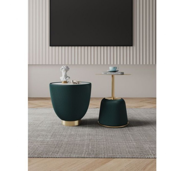 Manhattan Comfort Modern Anderson End Table 2.0 Upholstered in Leatherette with Ceramic Faux Marble Tabletop Green