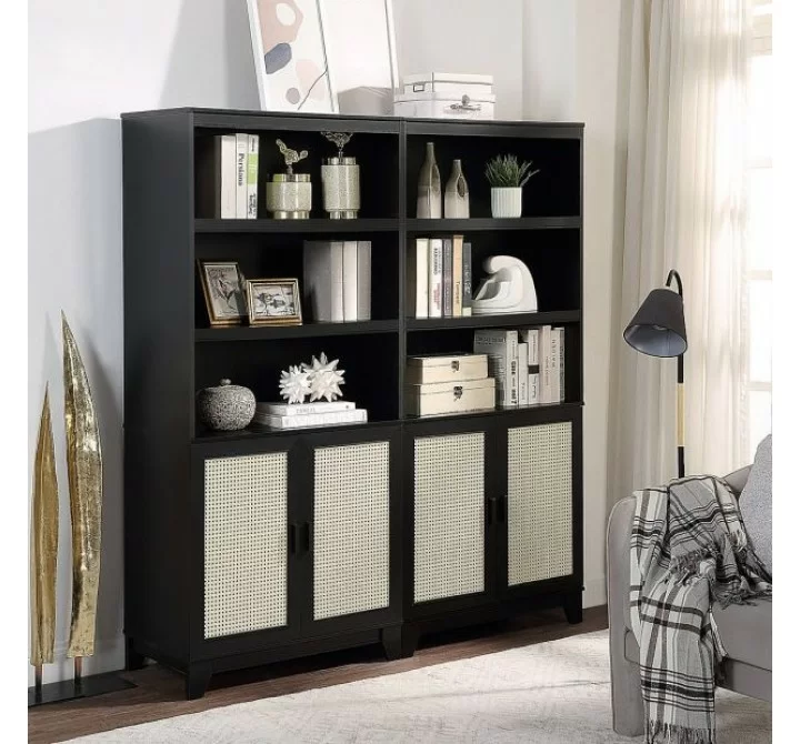 Manhattan Comfort Sheridan Modern Cane Bookcase with Adjustable Shelves - Set of 2 Black