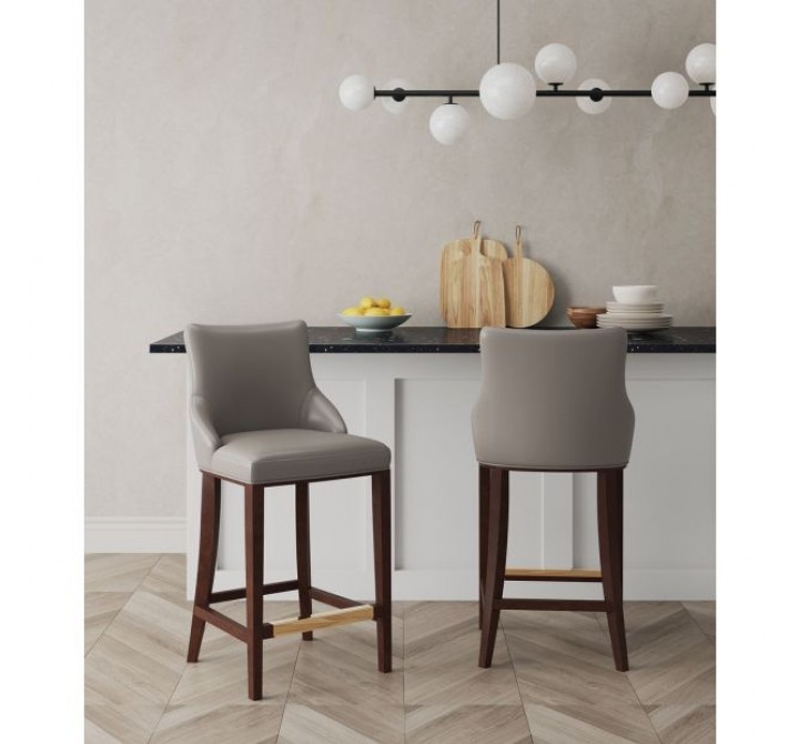 Manhattan Comfort Modern Shubert Barstool Upholstered In Dark Taupe Leatherette with Beech Wood Legs - Set of 2