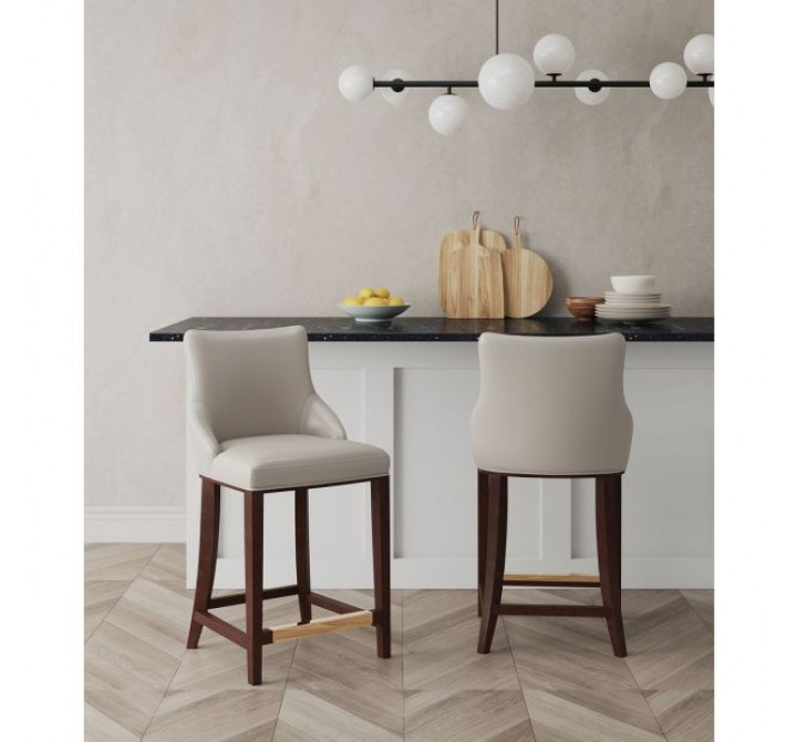 Manhattan Comfort Modern Shubert Counter Stool Upholstered In Light Grey Leatherette with Beech Wood Legs - Set of 2
