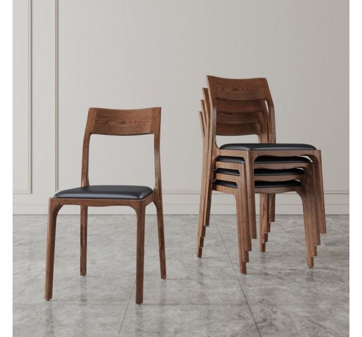 Manhattan Comfort Modern Moderno Stackable Dining Chair Upholstered in Leatherette with Solid Wood Frame in Walnut and Black- Set of 2