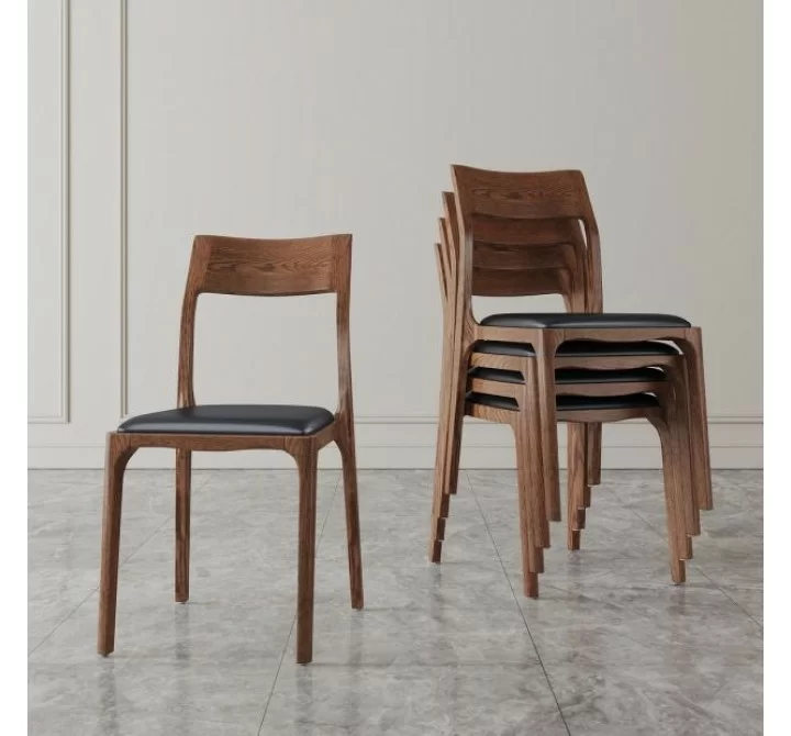 Manhattan Comfort Modern Moderno Stackable Dining Chair Upholstered in Leatherette with Solid Wood Frame in Walnut and Black- Set of 2