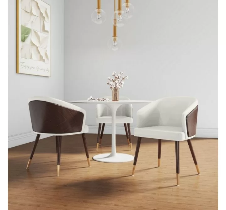 Manhattan Comfort Modern Reeva Dining Chair Upholstered in Leatherette with Beech Wood Back and Solid Wood Legs in Walnut and Cream- Set of 2