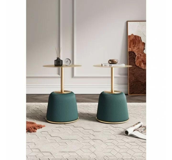 Manhattan Comfort Modern Anderson End Table 1.0 Upholstered in Green Leatherette with Gold Tabletop - Set of 2