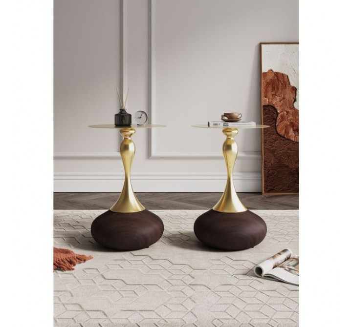 Manhattan Comfort Modern Patchin End Table with Round Metal Base in Brown Wood with Gold Tabletop - Set of 2