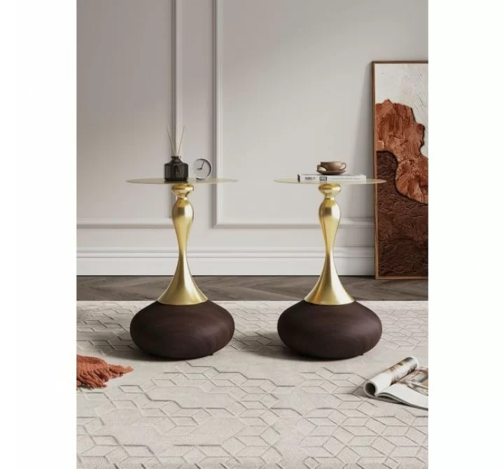 Manhattan Comfort Modern Patchin End Table with Round Metal Base in Brown Wood with Gold Tabletop - Set of 2