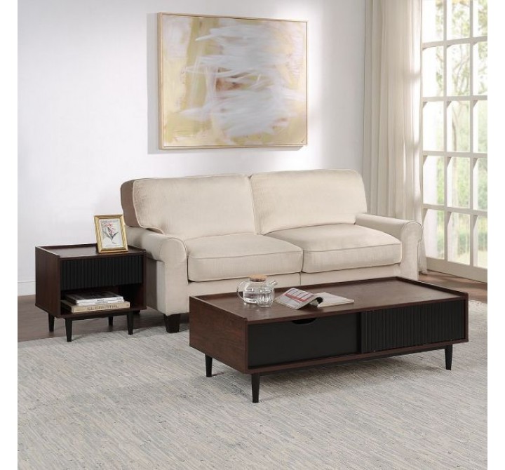 Manhattan Comfort Duane Modern Ribbed End Table and Coffee Table in Dark Brown And Black