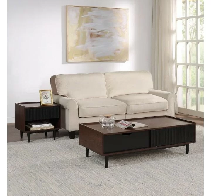 Manhattan Comfort Duane Modern Ribbed End Table and Coffee Table in Dark Brown And Black