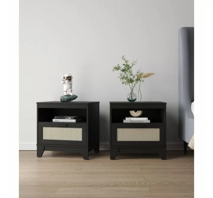Manhattan Comfort Sheridan Modern Cane Nightstand - Set of 2 Black