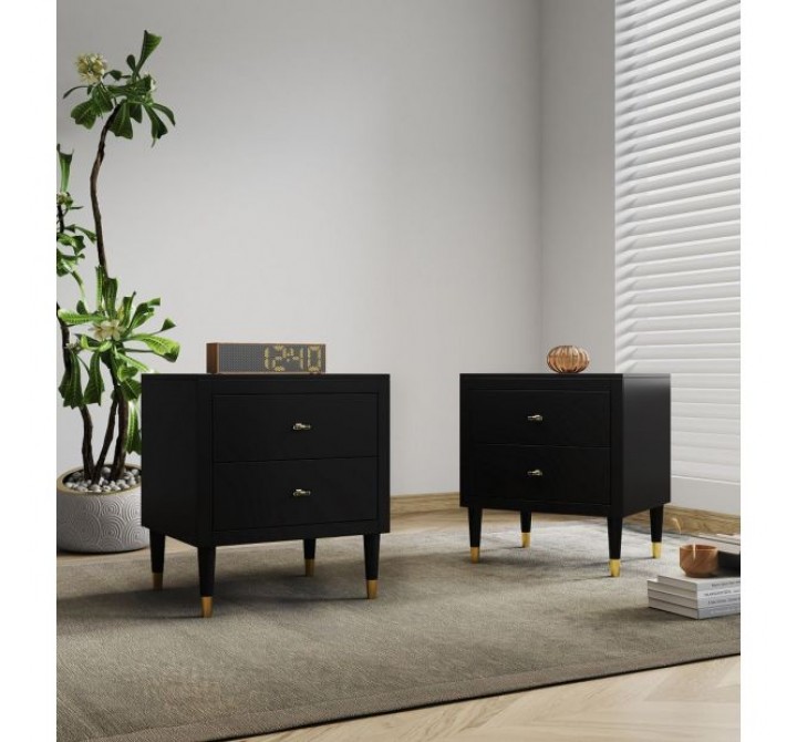 Manhattan Comfort Stanton Modern Nightstand with 2 Full Extension Drawers and Solid Wood Legs in Black - Set of 2