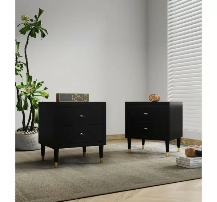 Manhattan Comfort Stanton Modern Nightstand with 2 Full Extension Drawers and Solid Wood Legs in Black - Set of 2