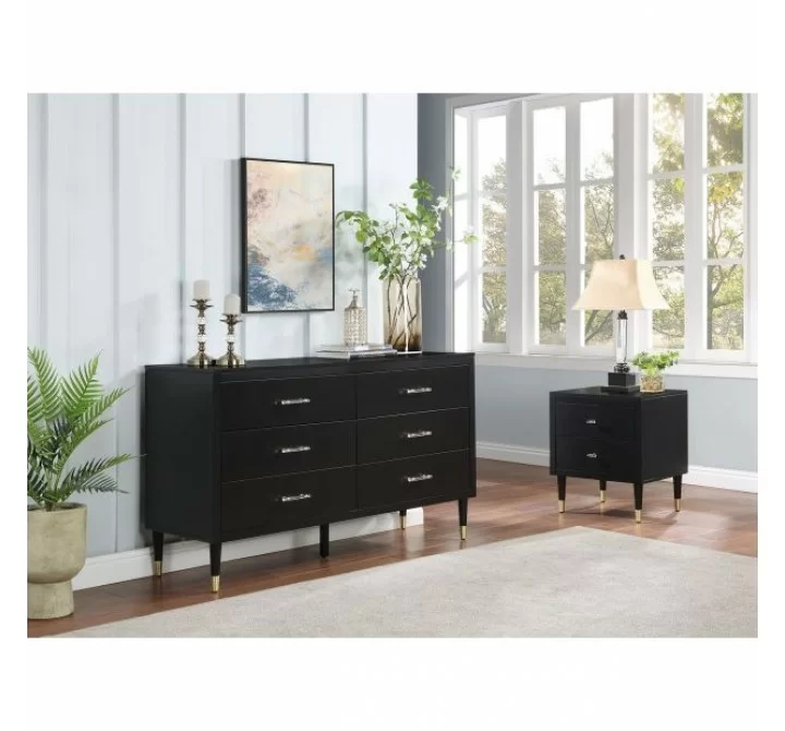 Manhattan Comfort Stanton 2-Piece Modern Dresser and Nightstand Set with Full Extension Drawers and Solid Wood Legs in Black