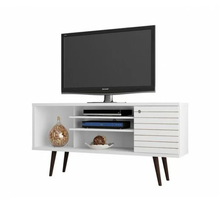Liberty 53.14" Mid Century - Modern TV Stand with 5 Shelves and 1 Door in White with Solid Wood Legs