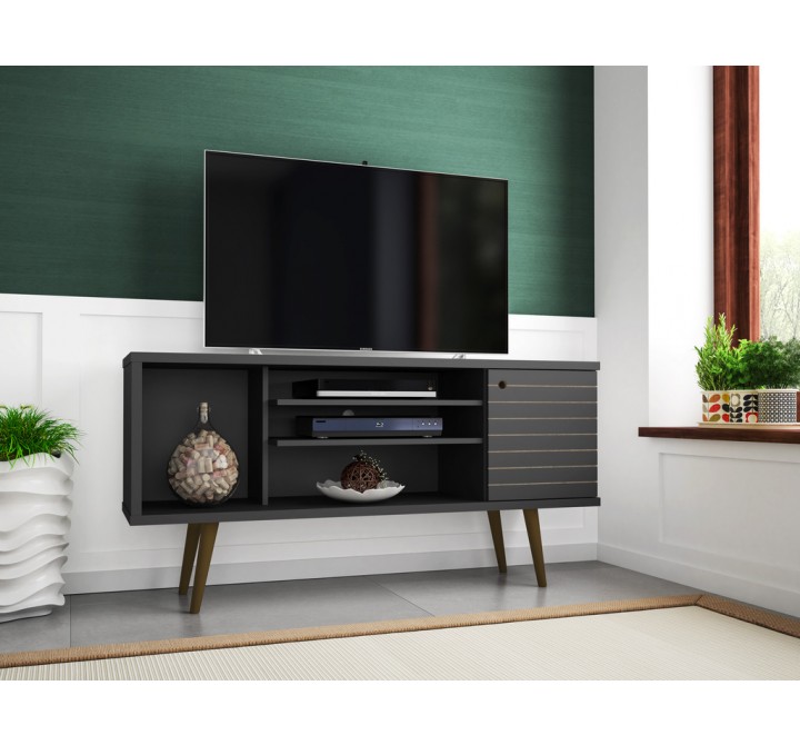 Liberty 53.14" Mid Century - Modern TV Stand with 5 Shelves and 1 Door in Black - Lifestyle