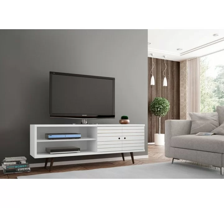 Liberty 62.99" Mid Century - Modern TV Stand with 3 Shelves and 2 Doors with Solid Wood Legs