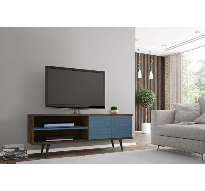 Manhattan Comfort Liberty 62.99 Mid-Century Modern TV Stand and Panel with Solid Wood Legs in Rustic Brown and Aqua Blue