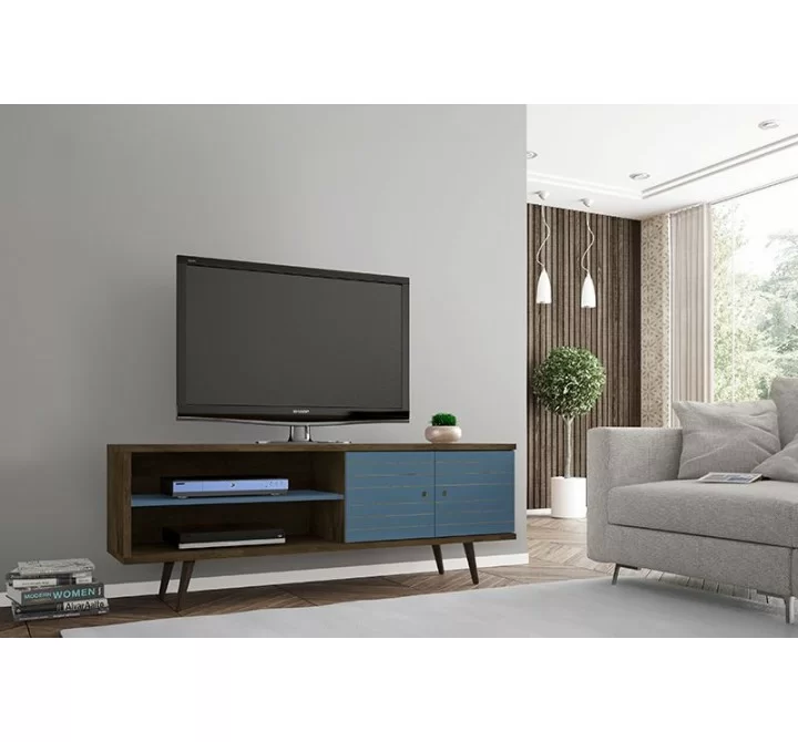 Manhattan Comfort Liberty 62.99 Mid-Century Modern TV Stand and Panel with Solid Wood Legs in Rustic Brown and Aqua Blue