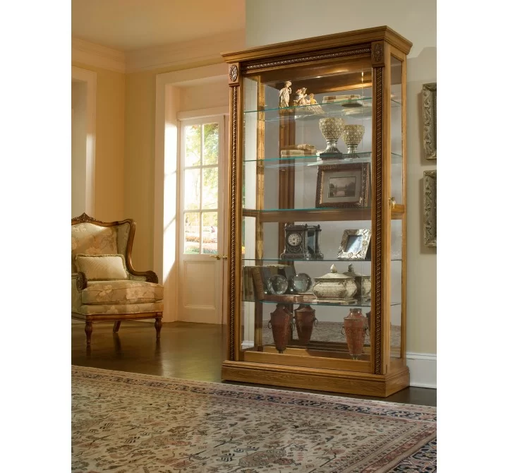 Pulaski Furniture Lighted Sliding Door 5 Shelf Curio Cabinet in Maple Brown Room View