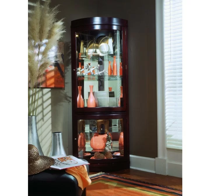 Pulaski Furniture Curved 5 Shelf Corner Curio Cabinet in Cherry Brown Room View