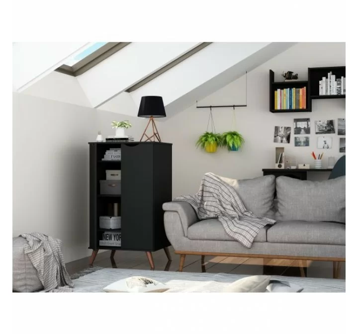Manhattan Comfort Hampton Shoe Closet with 4 Shelves Solid Wood Legs in Black