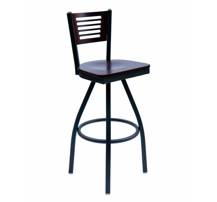 Espy Slotted Wood Back Swivel Barstool In Steel Frame And Sand Black Finish