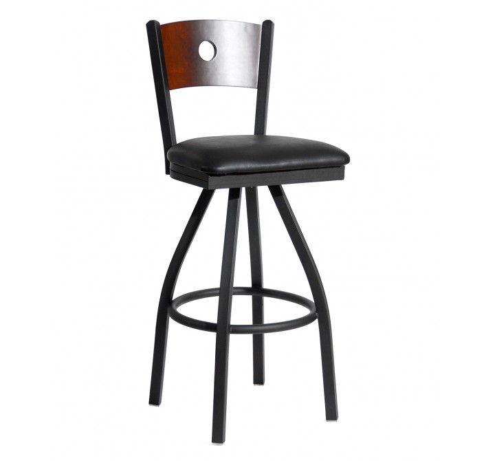 Darby Circle Wood Back Swivel Barstool In Steel Frame And Sand Black Finish 
